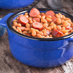 Franks and beans in blue ceramic bowl